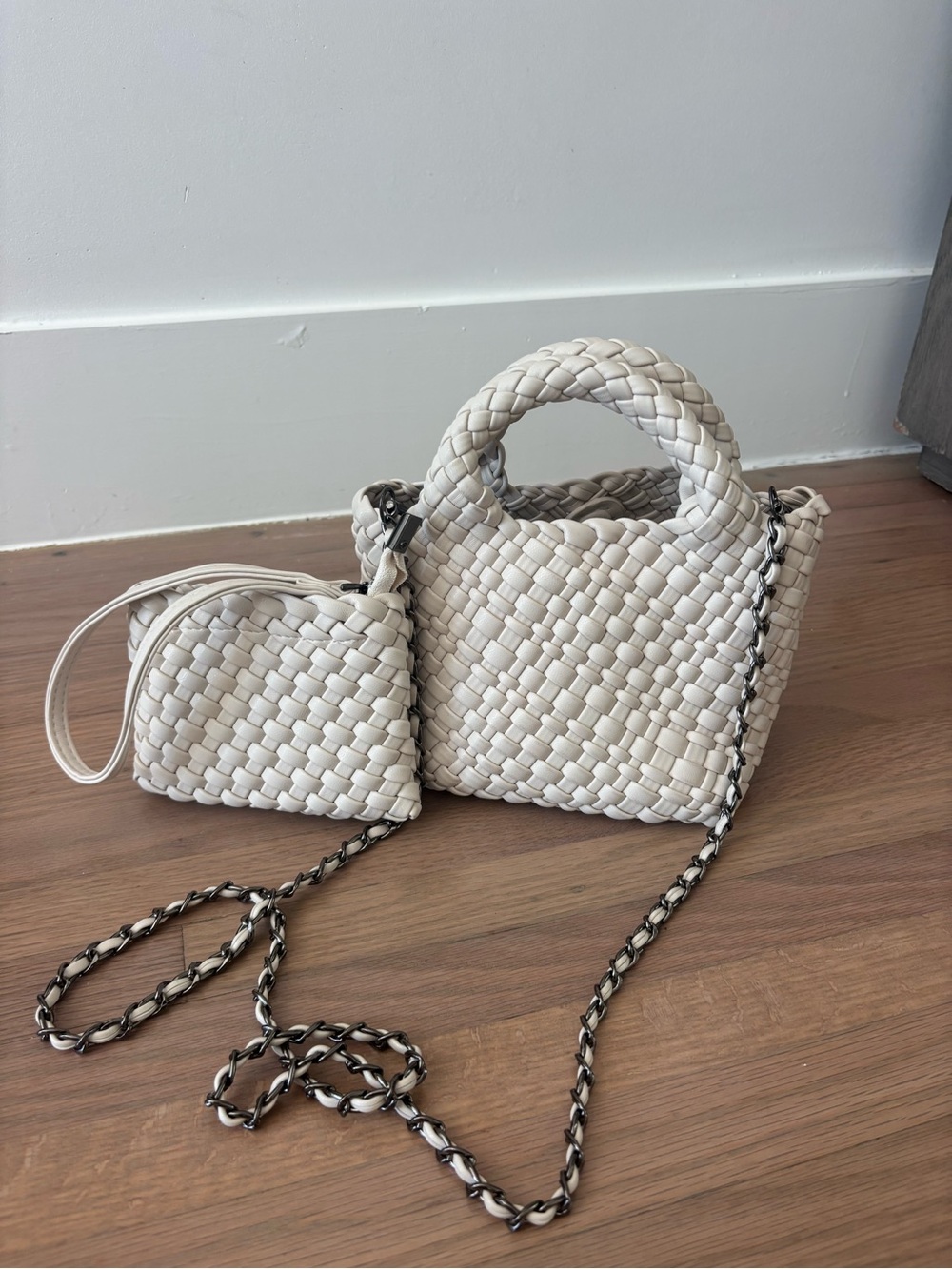 Woven Cream Handbag with Detachable Pouch